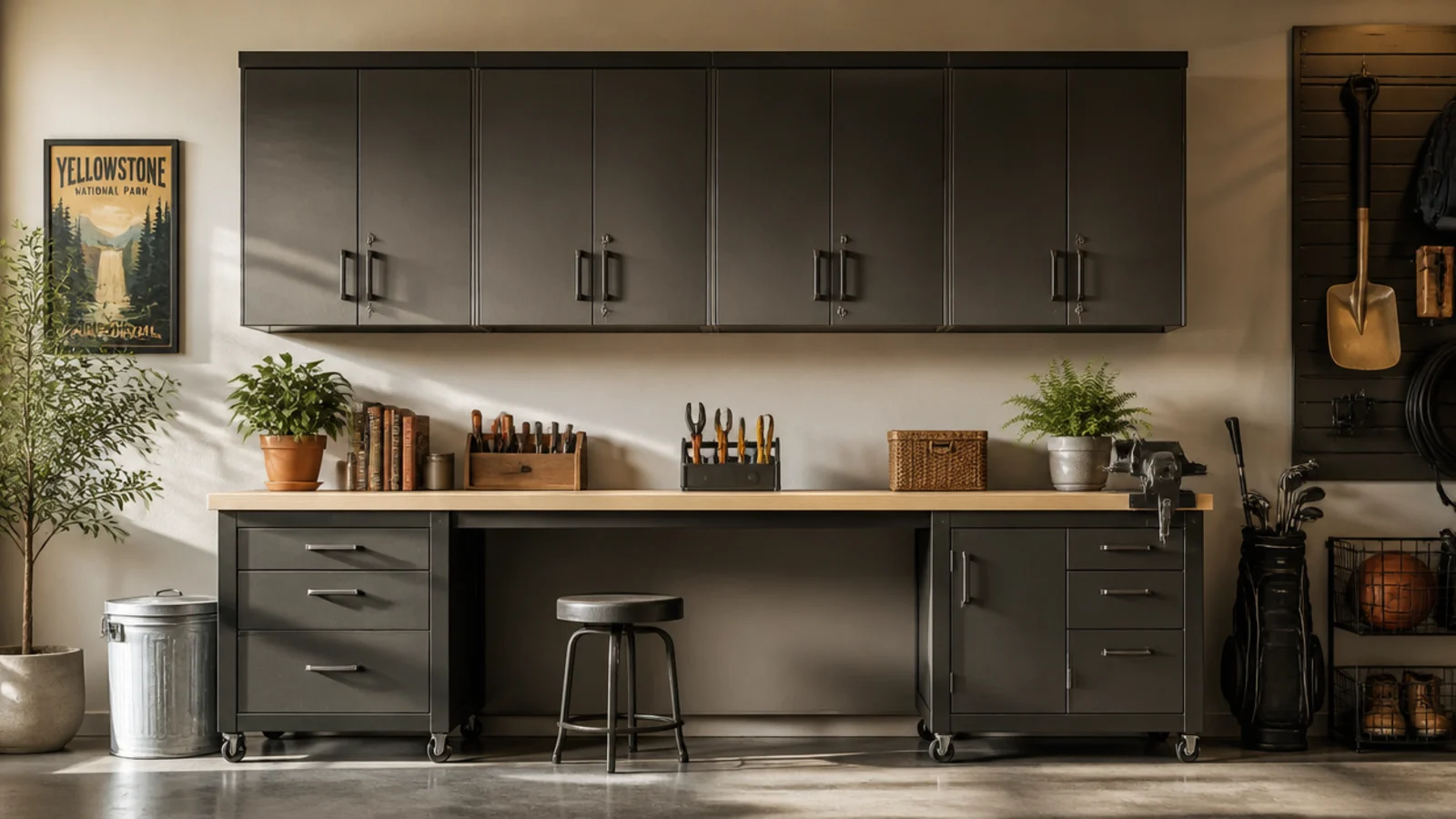 A row of closed wall-mounted garage cabinets above a workbench, doors shut, concealing stored supplies.