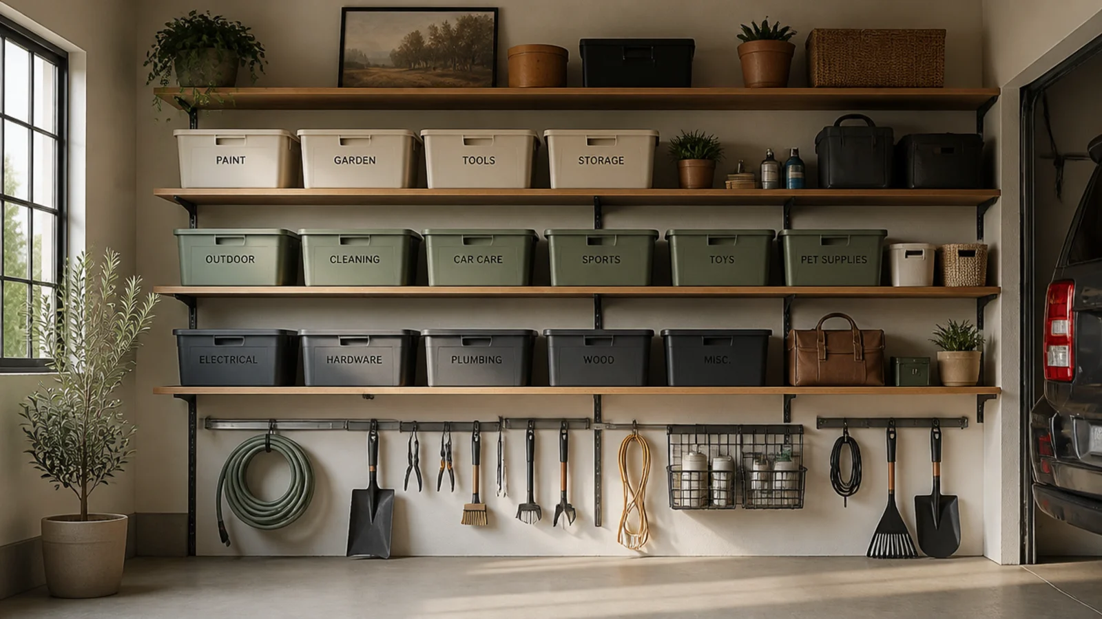Wooden shelf boards on metal L-brackets mounted up a garage wall holding labeled bins and supplies.