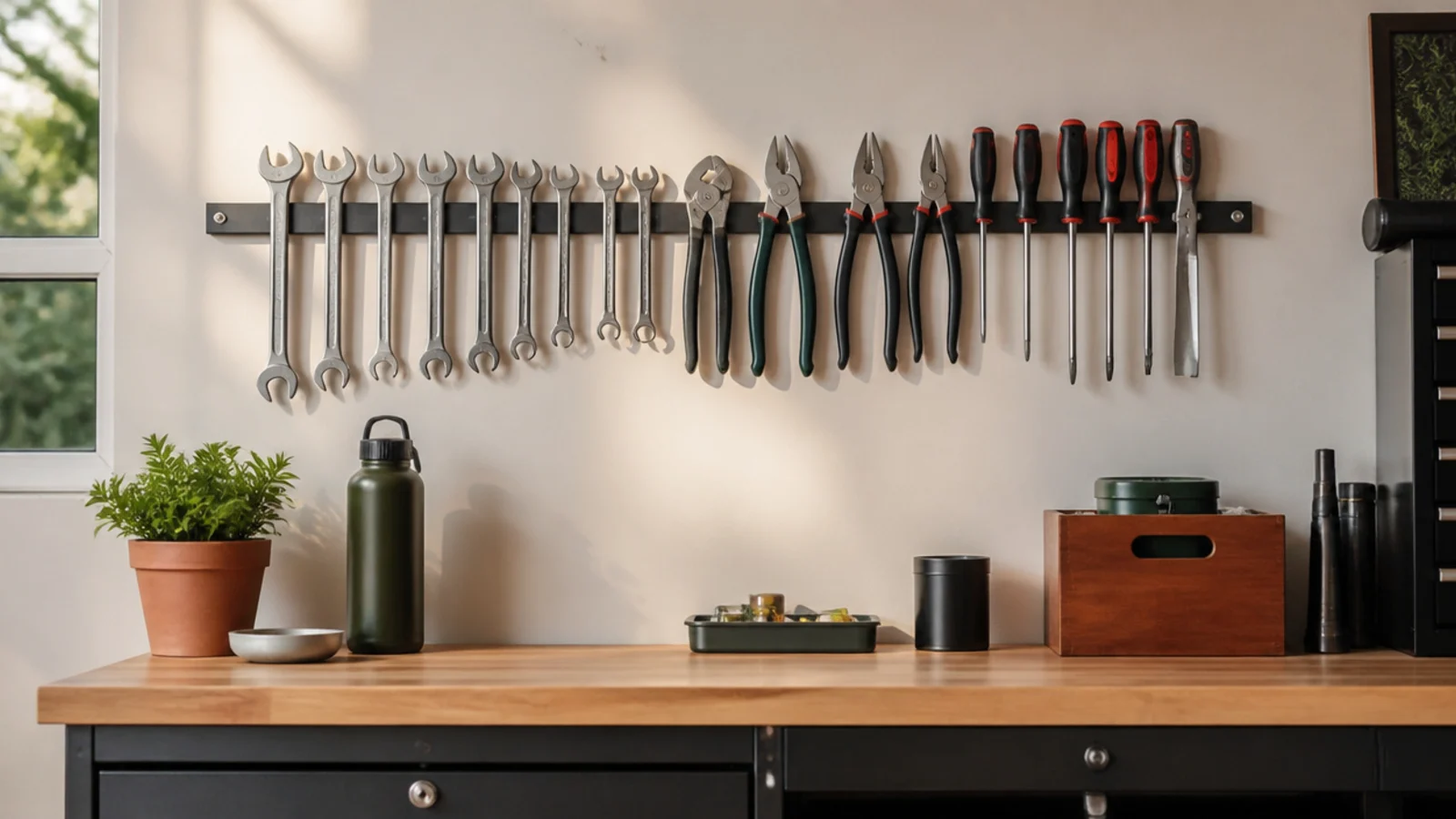 A magnetic bar on a garage wall holding metal wrenches, pliers, and screwdrivers flat in a neat row above a bench.