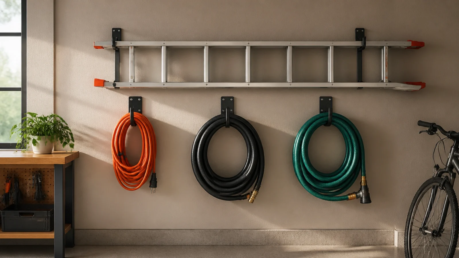 Heavy-duty wall hooks holding a ladder, extension cords, and a hose flat and high on a garage wall.