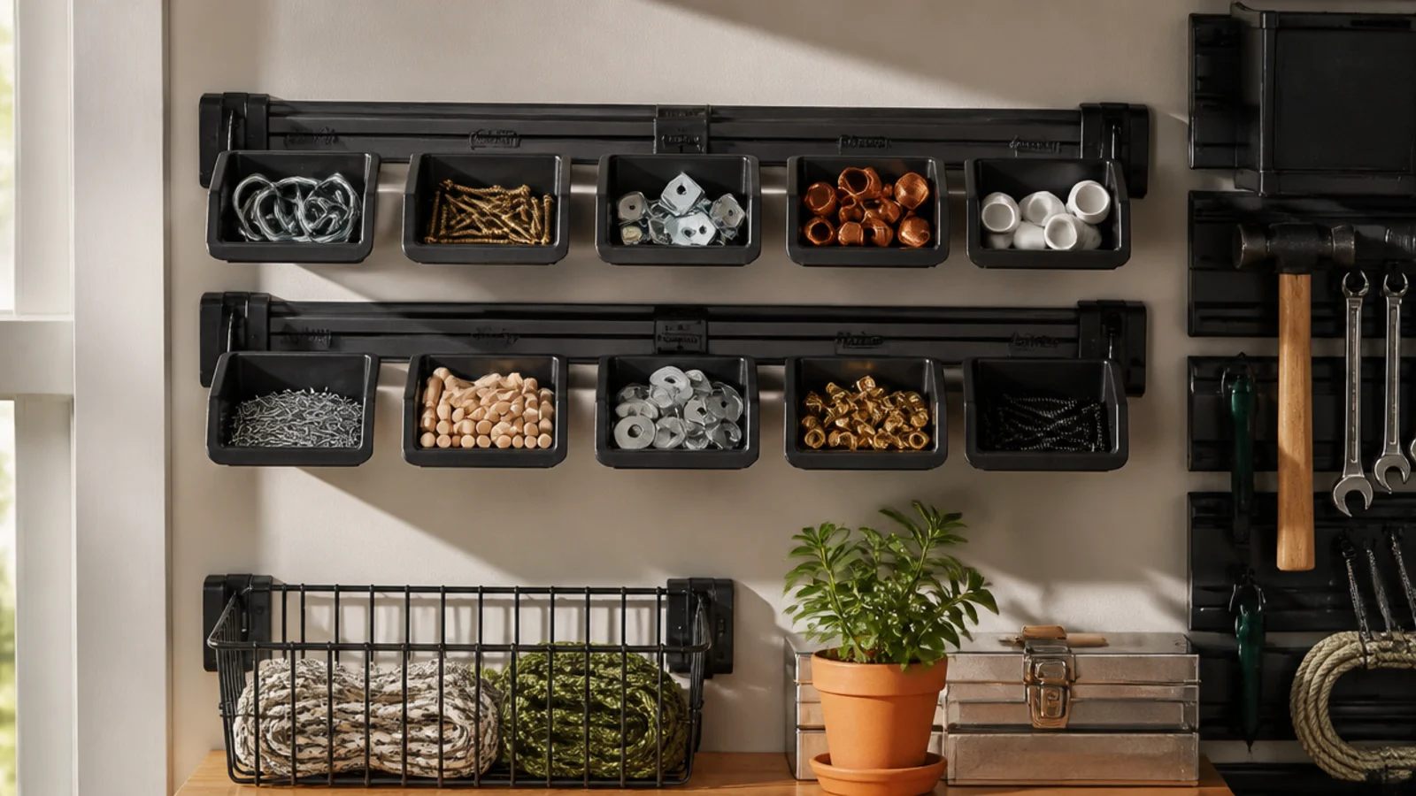 A wall rail in a garage with small open-front parts bins hanging from it in rows, each holding sorted hardware.