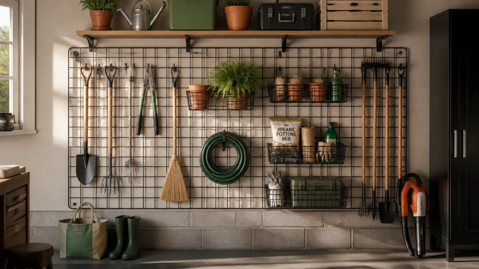 A metal wire grid panel mounted on a garage wall with hooks and small baskets holding tools and supplies.