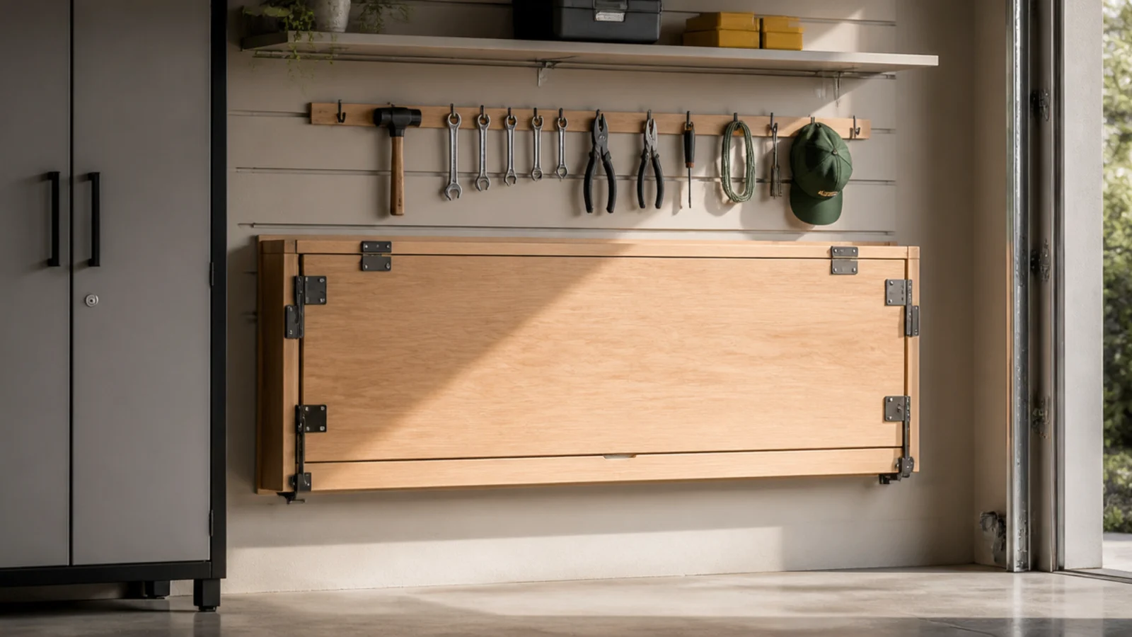 A hinged workbench mounted on a garage wall, folded flat against it to save floor space, with a tool rail above.