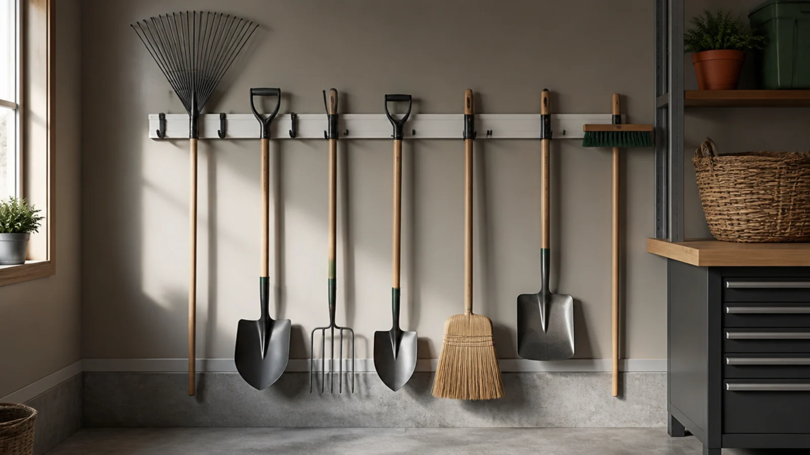 A wall-mounted rack with slots and clips holding rakes, shovels, and brooms upright in a row in a garage.