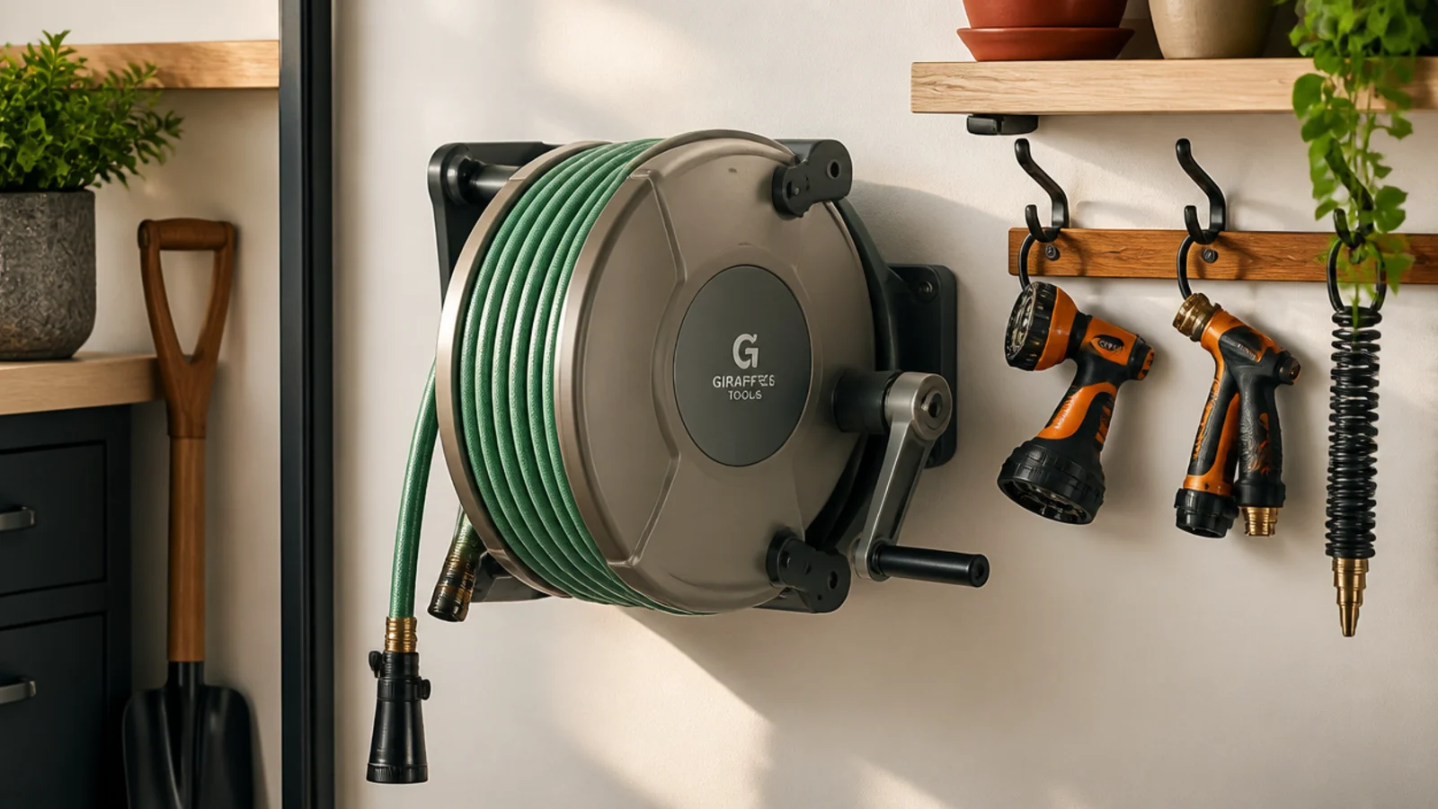 A wall-mounted hose reel in a garage neatly winding a garden hose with nozzles hung on nearby hooks.
