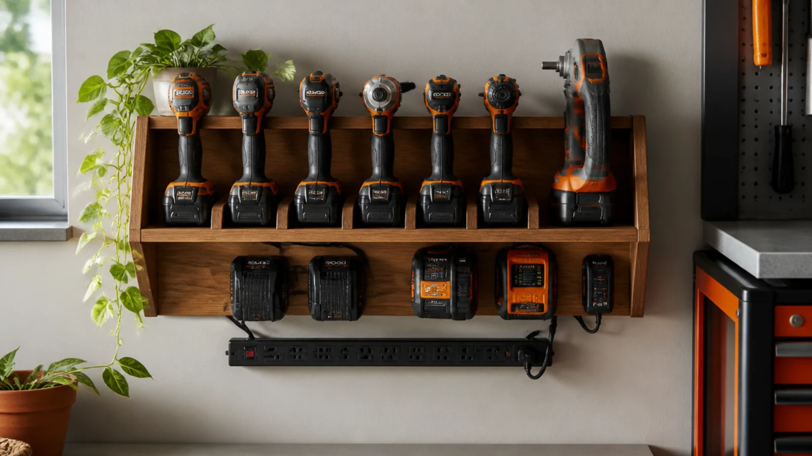 A wall-mounted shelf in a garage holding cordless tools in slots with chargers mounted below and a power strip attached.