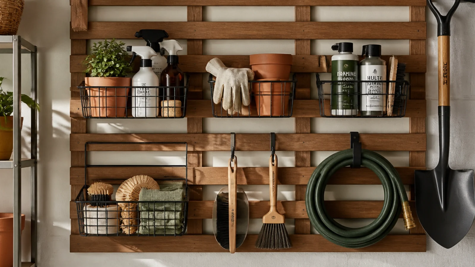 A wooden lattice panel on a garage wall with hanging wire baskets holding gloves, sprays, and small supplies.