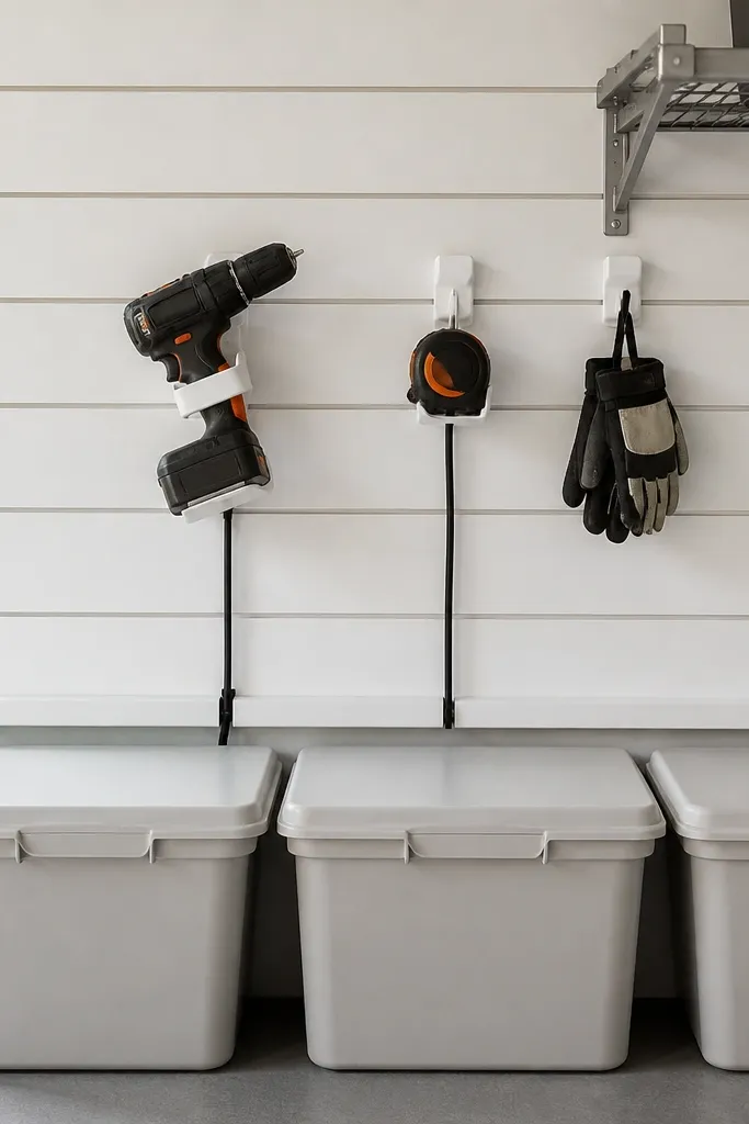 Powder-coated white slatwall fills a section of the garage wall. Small accessories hang on matching white hooks: a cordless drill holster, tape measure, and gloves. Along the bottom, a slim cable channel runs behind closed bins, and a few cords drop straight down.