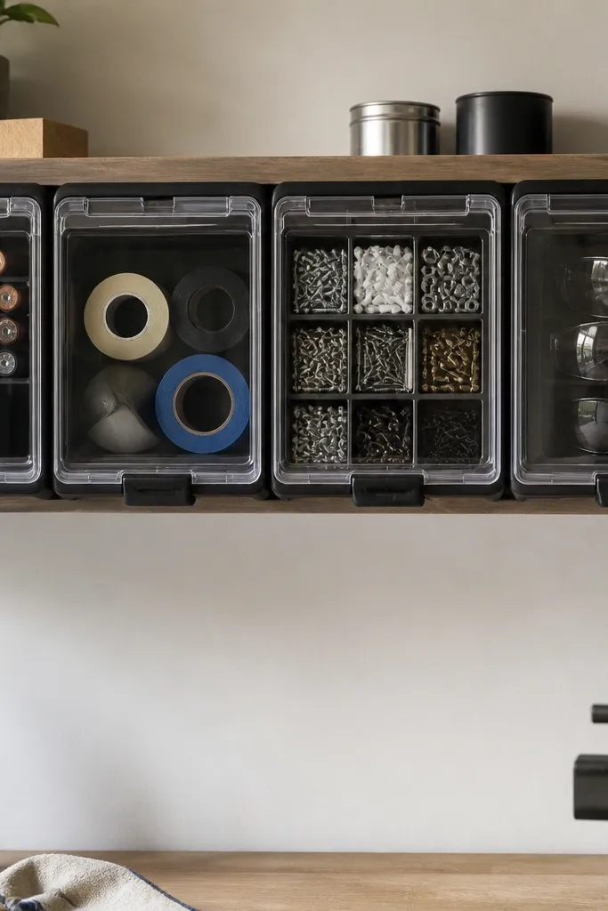 A row of wall-mounted cabinets with clear lids shows neatly stacked items inside: batteries, tape, small fasteners, and safety goggles. Each cabinet has a matte black latch and a small label strip on the front. Under the cabinets, the wall stays open for a tool rail.