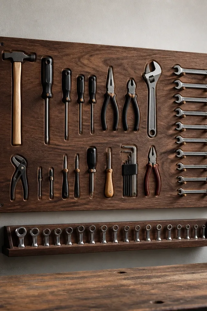 A warm walnut-stained wooden board is mounted on the garage wall. Hand tools hang in custom cut slots and small pegs, with each outline aligning neatly. Under the board, a narrow tray holds a wrench set with a label strip.