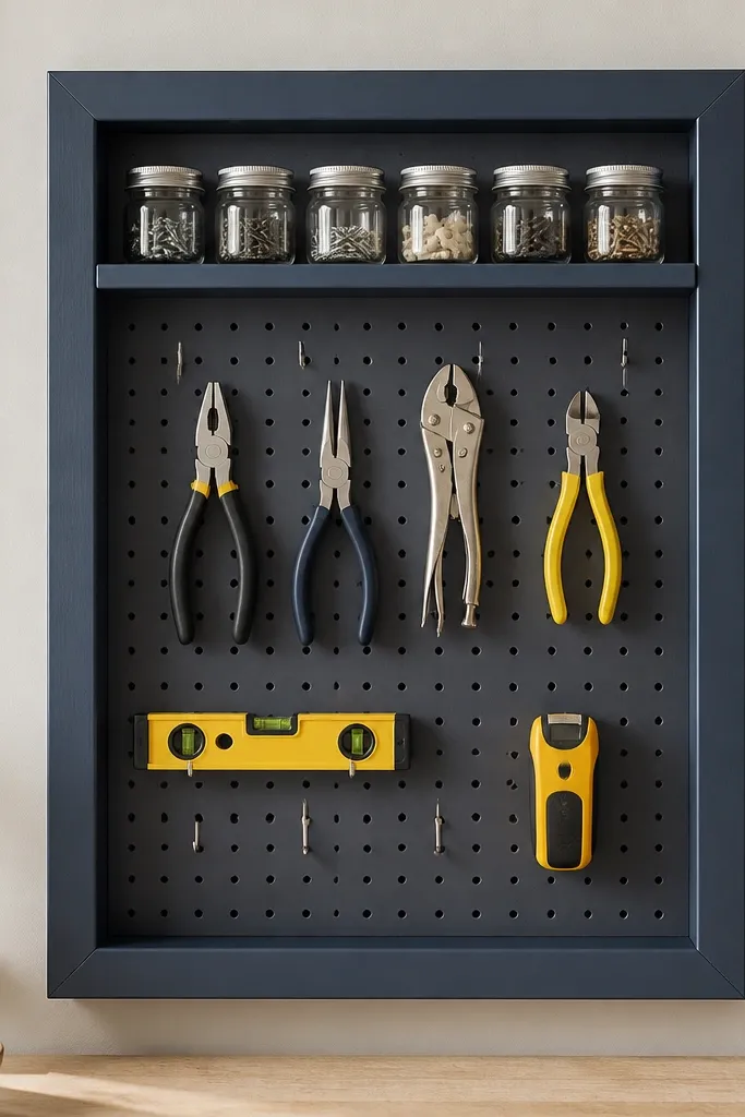 A pegboard panel sits inside a simple painted wood frame. The board has a neat grid of hooks holding pliers, a small level, and a stud finder. The frame edges are crisp, and a narrow shelf at the top holds small jars with matching lids.