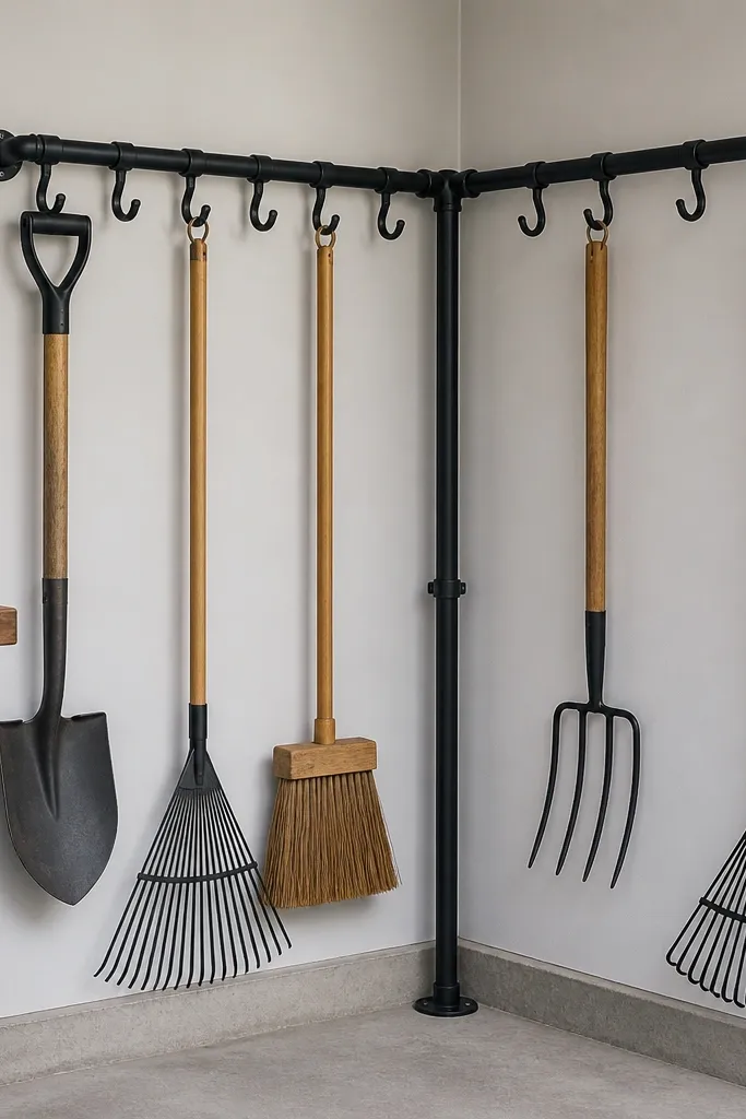 A corner of the garage wall has a vertical and horizontal rack built from black iron pipes. Two rows of hooks line the rack, and each pipe end has a clean black end cap. A few long-handled tools hang straight down without twisting.
