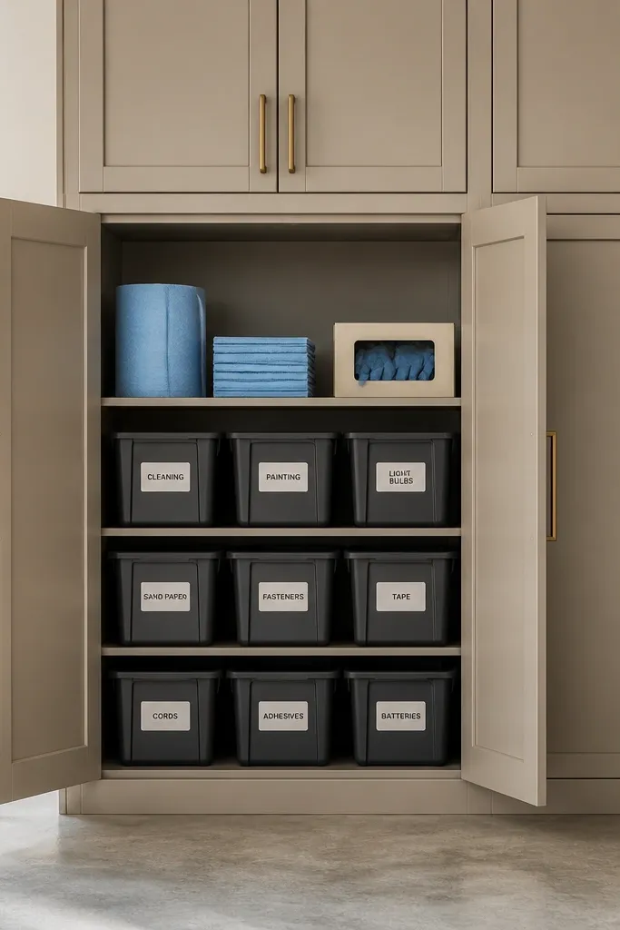 A long wall section has two cabinet doors with matte brass bar pulls. Inside are labeled plastic bins with white labels and black lettering. The top cabinet section has a shelf for bulk items like gloves and shop towels.