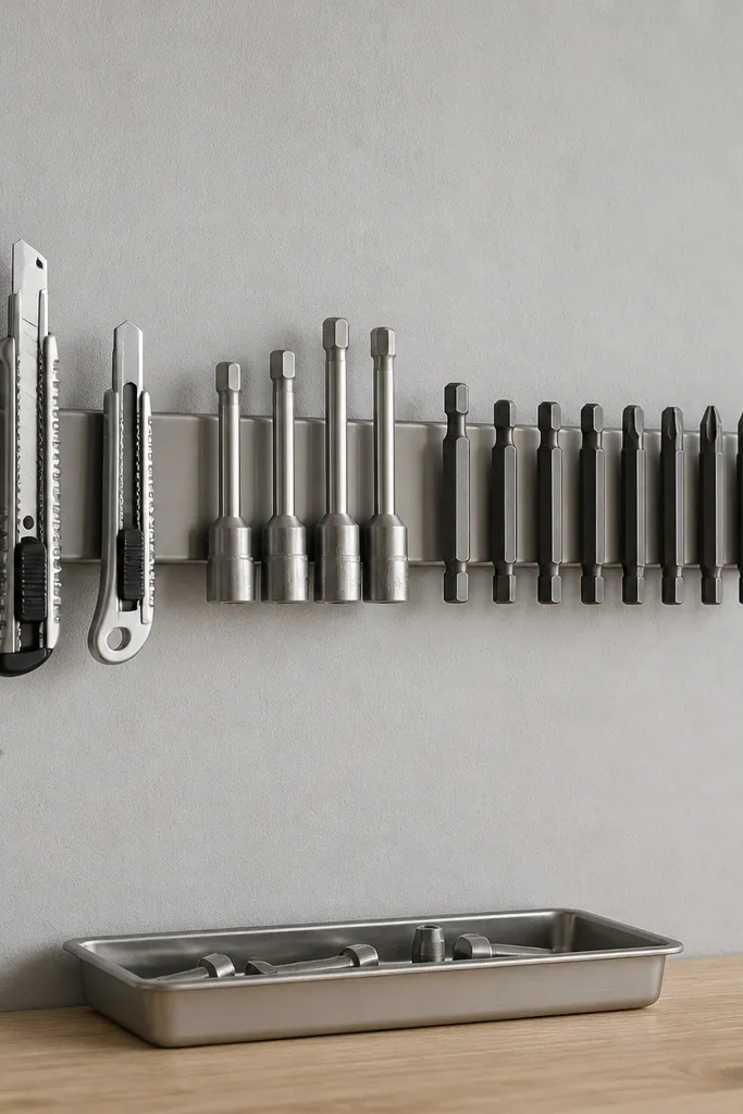 A stainless steel magnetic strip is mounted horizontally at about chest height. Small metal tools like box cutters, nut drivers, and a set of hex bits stick in neat rows. A small tray below catches falling pieces.