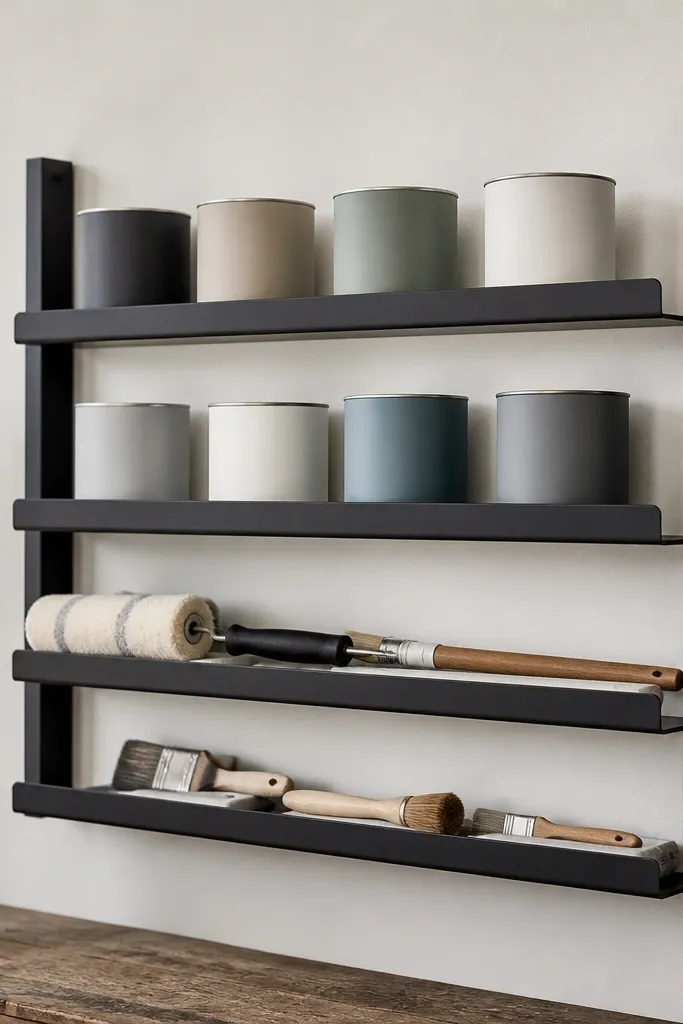A ladder-style wall shelf made from matte black powder-coated metal spans horizontally. Two side rails and several rungs hold paint cans upright and hold long items like rollers and trim brushes. The shelf has a lip on each rung.