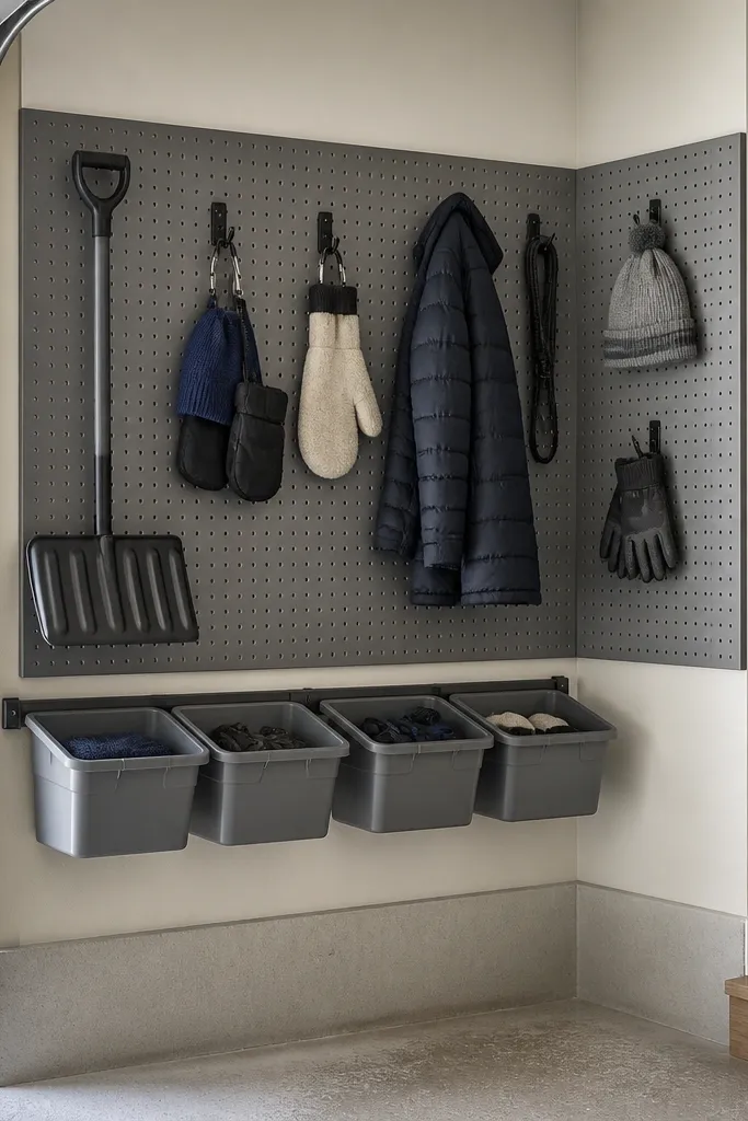 A pegboard panel wraps partway into a garage corner. Hooks hold seasonal items like a snow shovel handle attachment and mitt clips. Below, matching gray bins slide onto a rail, each with a small label.