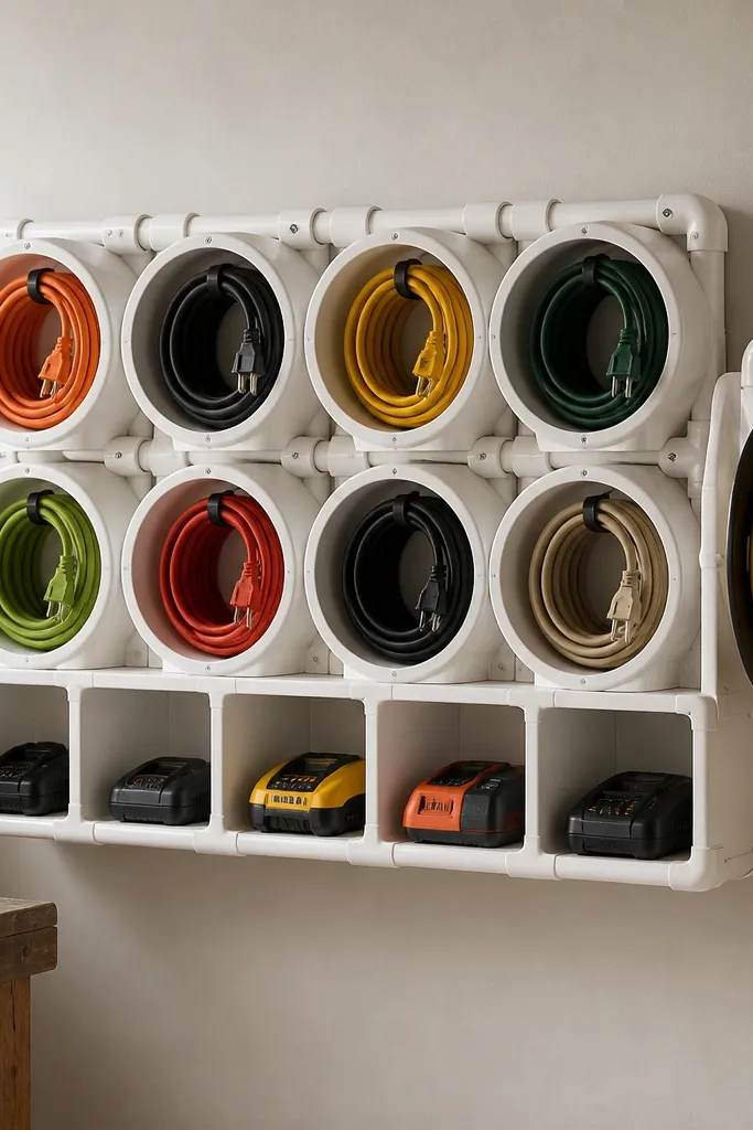 A neat grid of white PVC conduit holders is mounted to the wall. Each holder has a rounded opening where an extension cord is wrapped. Small chargers sit in labeled cubbies below, and a cord reel is mounted on a side bracket.
