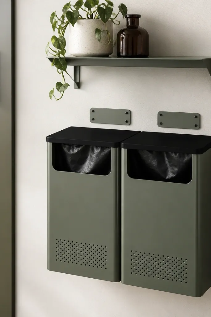 Two wall-mounted steel bins sit side-by-side beneath a small shelf. The bins have matching colors, black lids, and a clean cutout for trash bags. Labels are printed on a small metal plate above each bin.
