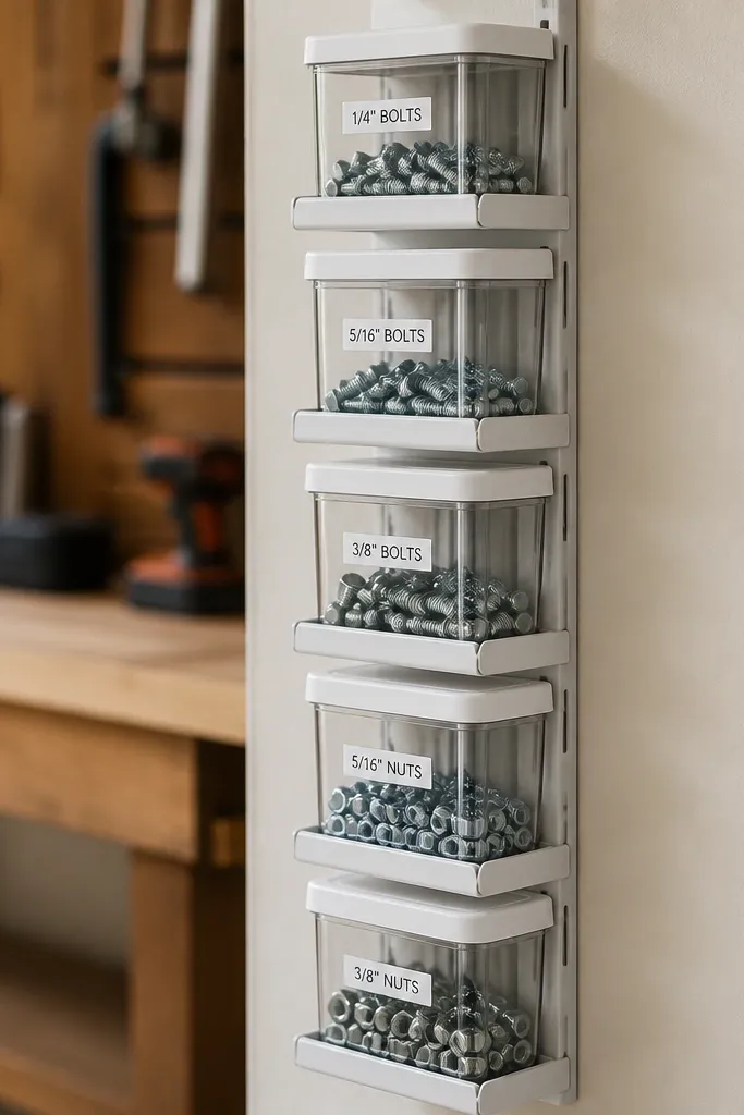A vertical row of small labeled containers on the wall looks like a spice rack. Each container is clear with a white lid, and there's a label strip with exact counts like 1/4 inch bolts. The containers sit on a rail with a thin lip to prevent sliding.
