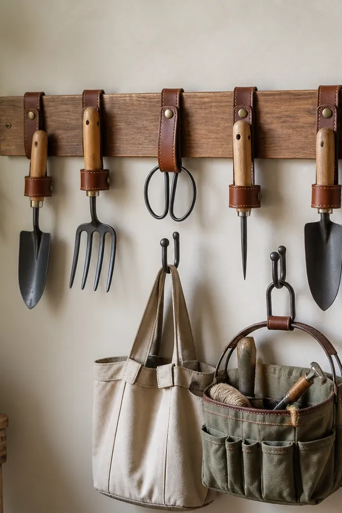 A strip of wall-mounted hangers has brown leather-look straps that hold tool handles. Below, tote hooks hold a small canvas bag and a tool caddy. The hangers are evenly spaced, and the straps show visible stitching.