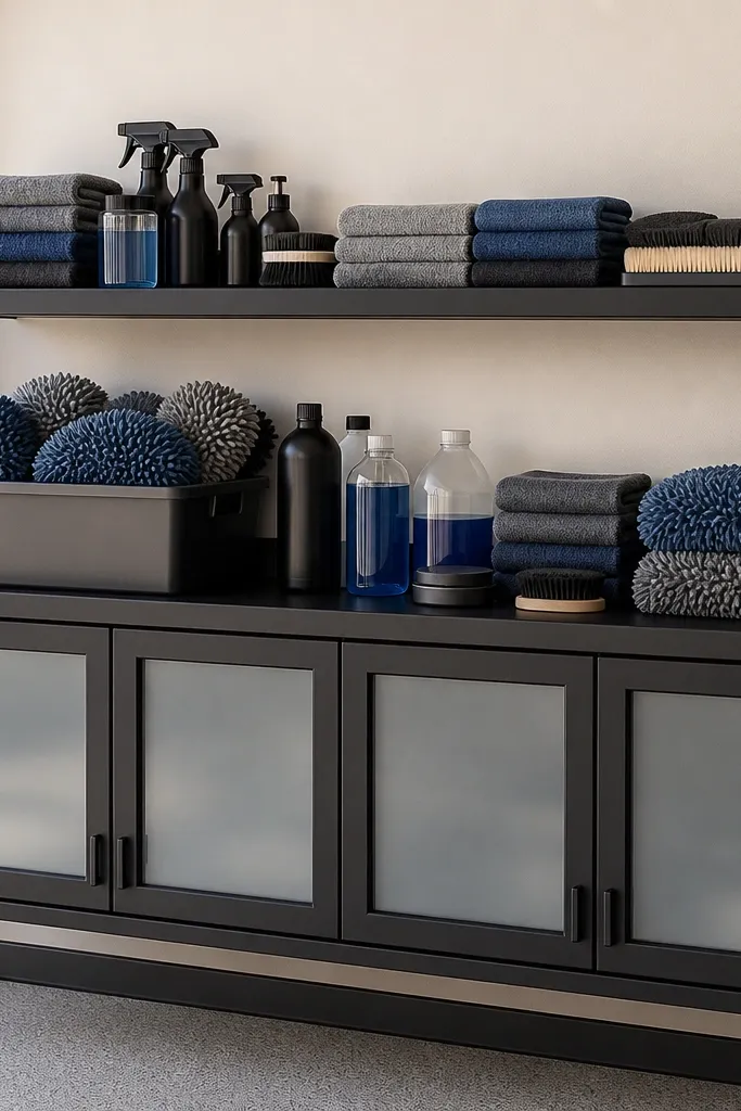 A wall shelf with a ledge holds car care items in neat stacks. Beneath the shelf are closed-front cabinets with frosted glass panels and black framing. Car wash mitts sit in a bin with a label and the shelf edges are crisp.