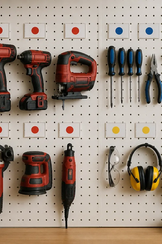 A pegboard wall has transparent acrylic label holders in a clean grid. Each label has a colored dot: red for power tools, blue for hand tools, yellow for safety gear. Hooks match the label theme with a consistent black finish.