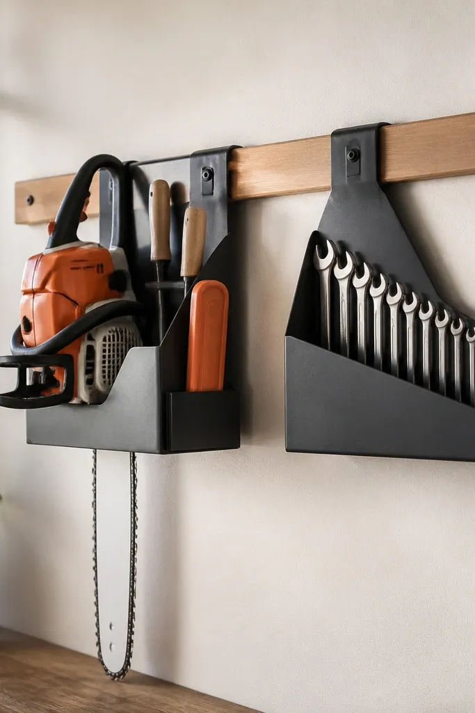 A French cleat runs horizontally with a precise angle cut. Custom tool hangers slide onto it, holding a chainsaw tool kit and a set of wrenches. The wall looks clean because nothing hangs directly off individual screws.