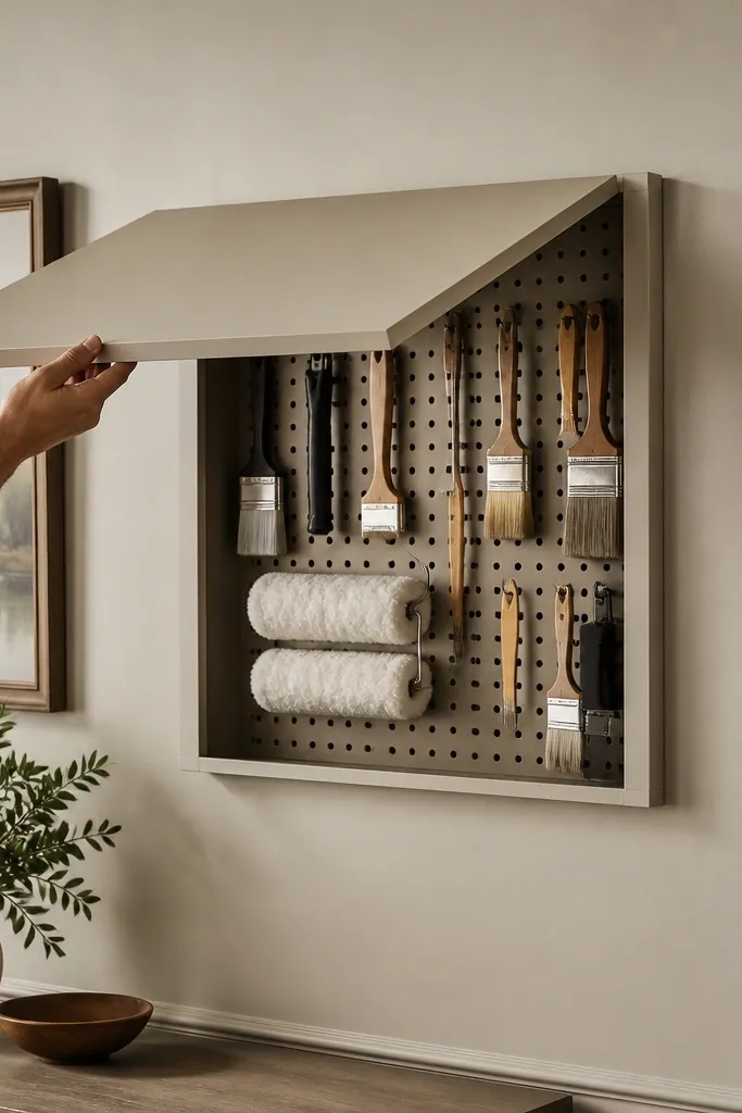 A wall flip-door cabinet is mounted with a concealed latch. Inside, pegboard holds paint brushes, roller covers, and small tools. The outside front is a clean solid panel in a matching finish to the rest of the wall hardware.