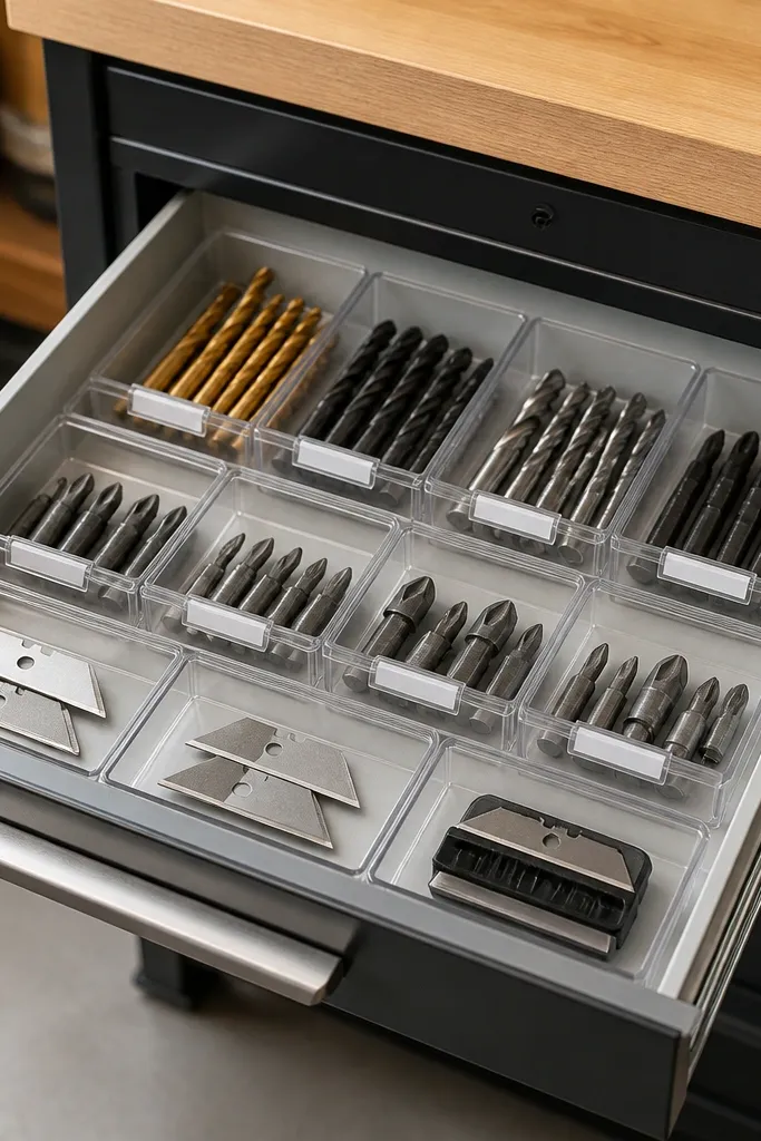 An open workbench drawer with clear, compartmented plastic inserts. Small bins hold drill bits, screwdriver bits, and utility blades. Labels sit on the front of each compartment, and the drawer bottom is clean and flat.