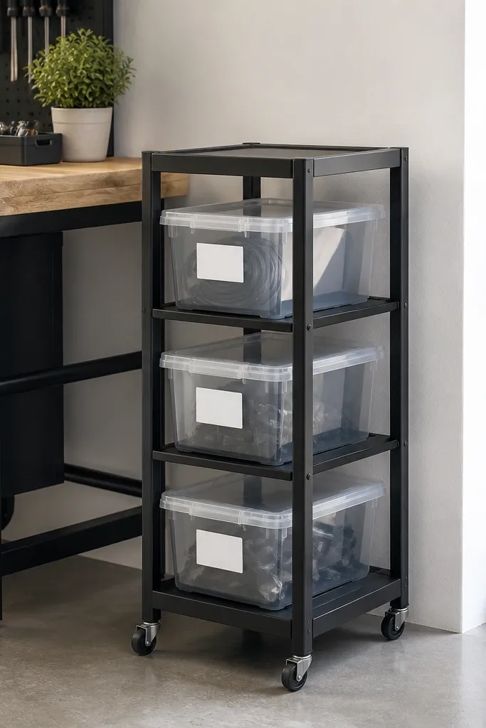 A narrow rolling cart beside the workbench with three levels of clear stackable bins. Each bin has a white label facing outward. The cart frame is black metal, and the bins line up cleanly with consistent spacing.