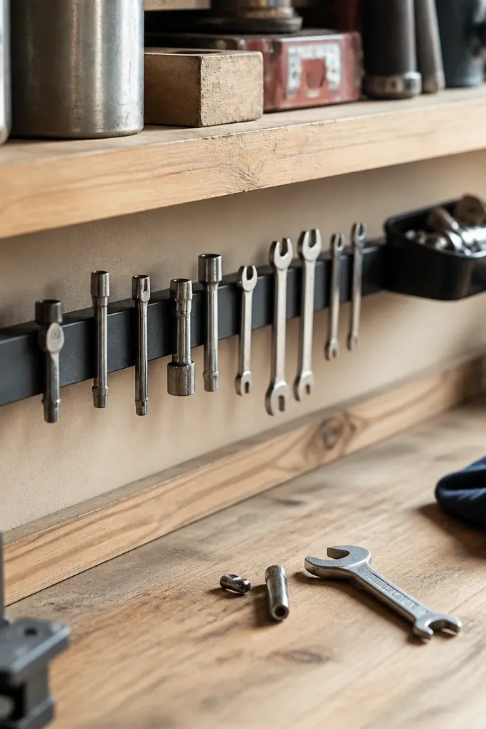 A long magnetic strip mounted under the upper shelf or along the side of the bench. Metal tools like small wrenches and socket adapters stick to it. A small tray at the end holds loose items.