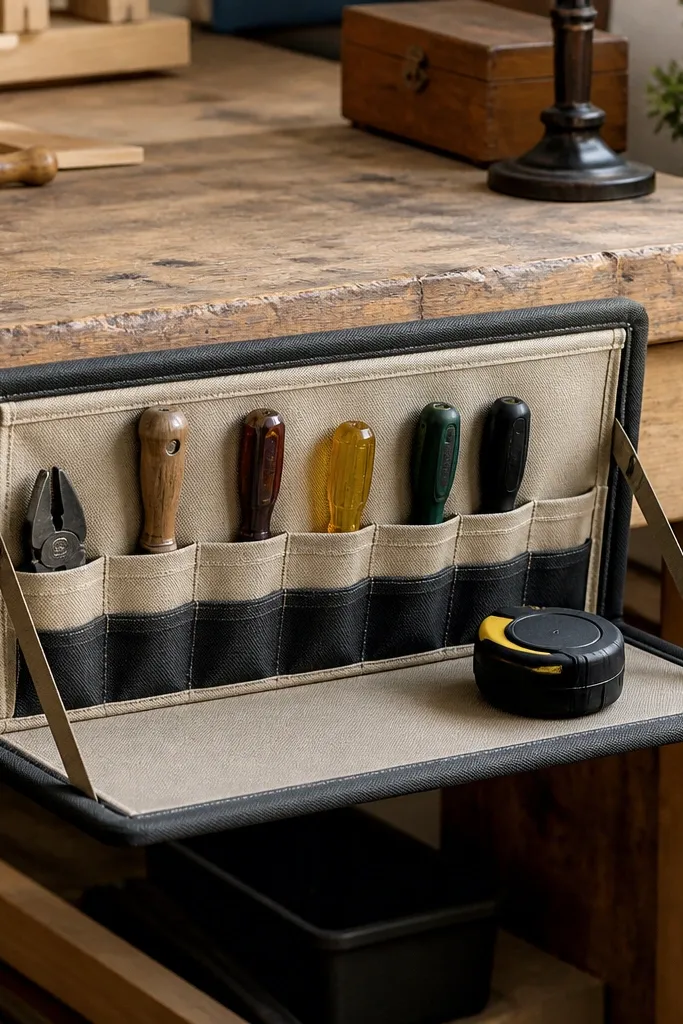 A compact canvas-and-plastic tool caddy mounted to the front face of the workbench. It folds down like a small shelf with pockets on the inside. When closed, it sits flush; when open, it holds screwdrivers and a tape measure.