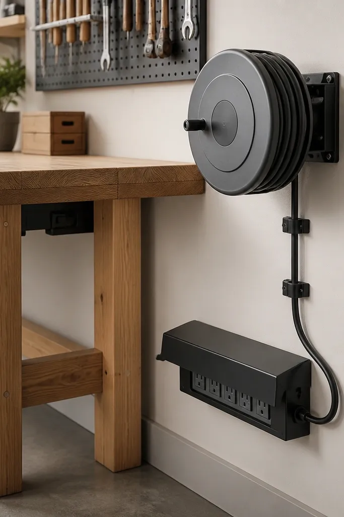 A wall-mounted cord reel beside the bench with a power strip mounted underneath. Cords are wrapped neatly and routed into labeled clips. The power strip has a cover and the outlets face outward.