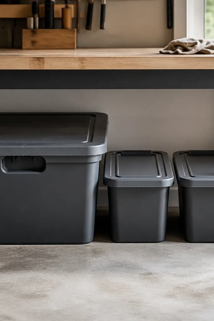 A sturdy plastic lidded tote under the workbench with a cutout for grabbing. Next to it are two smaller lidded containers, one for oily rags and one for shop towels. Labels are on the lids.