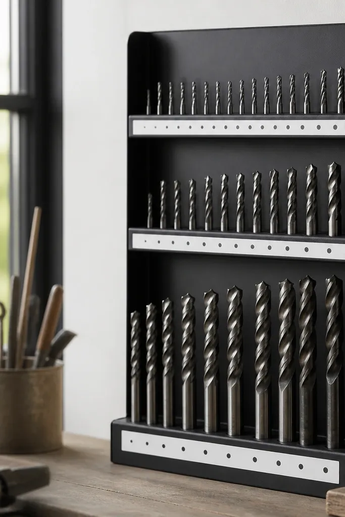 A vertical rack with holes holding drill bits upright. The rack is painted a matte black, and bits are arranged by size with a few labels on a white strip.