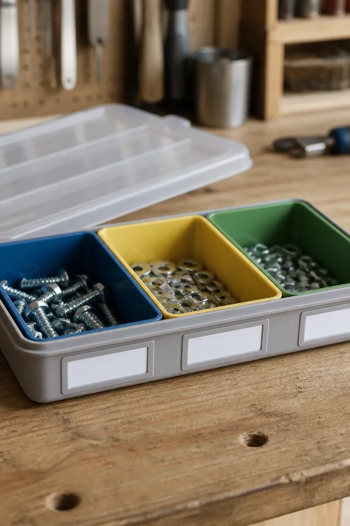A shallow plastic parts tray sitting on the bench surface. It has three removable compartments with separate colors. A lid is propped nearby and the tray labels are on the front edge.