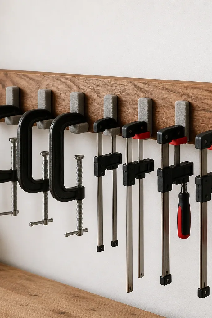 A wall-mounted clamp rack built from a single 2x4 with multiple foam-lined hooks. C-clamps and bar clamps hang evenly spaced. The wood is stained a medium brown and the foam pads are light gray.