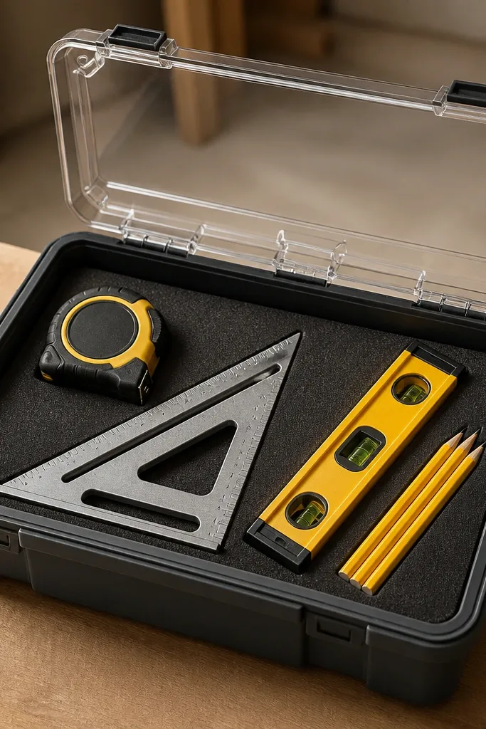 A clear-lidded bin with foam inserts holding a tape measure, a speed square, a level, and pencils. Labels are on the bin front. The items are arranged in a neat fan layout.