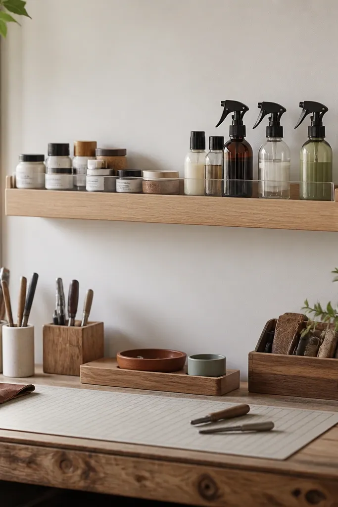 A shallow wall shelf above the workbench with a front lip. Small containers sit on it, and a few spray bottles are placed upright behind a clear barrier. Everything is aligned to the shelf edge.