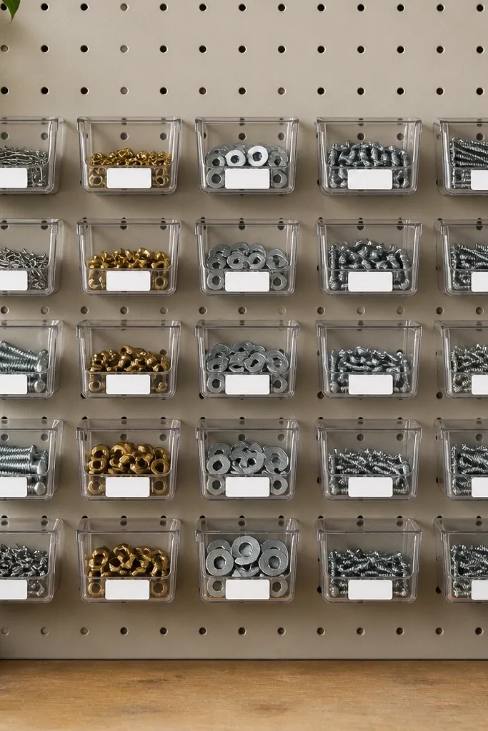 A pegboard panel with small peg-mounted bins for nails, screws, and washers. The bins are clear with white labels. The panel has a clean grid layout and consistent spacing between bins.