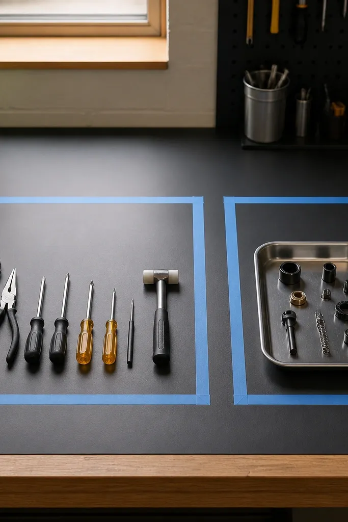 A matte workbench surface with two taped outlines: one for tools and one for parts. The tape lines are straight and clean, and a small tray sits inside the parts zone. The surface looks dry and uniform.