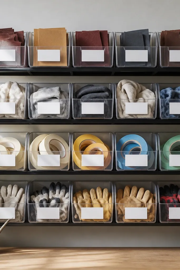 A wall rack with multiple identical clear bins, each with a white label. The bins are filled with sandpaper, rags, masking tape, and gloves. The bin edges line up, and the labels are evenly spaced.