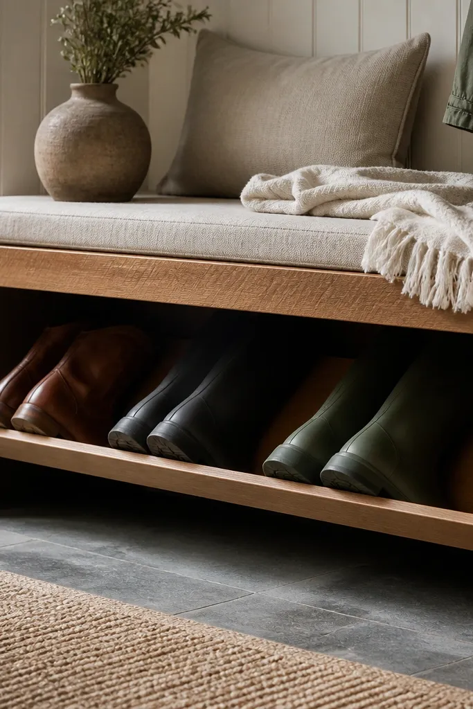 A low bench with a gap under it; a slanted wooden shelf inside the opening holds tall boots sideways, with a small front stop strip preventing slipping.