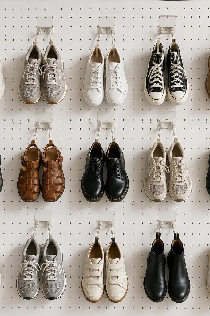 A white pegboard wall with a grid of small wire hooks; each hook has a tiny label tag, and shoes hang neatly in pairs by the laces or pull tabs.
