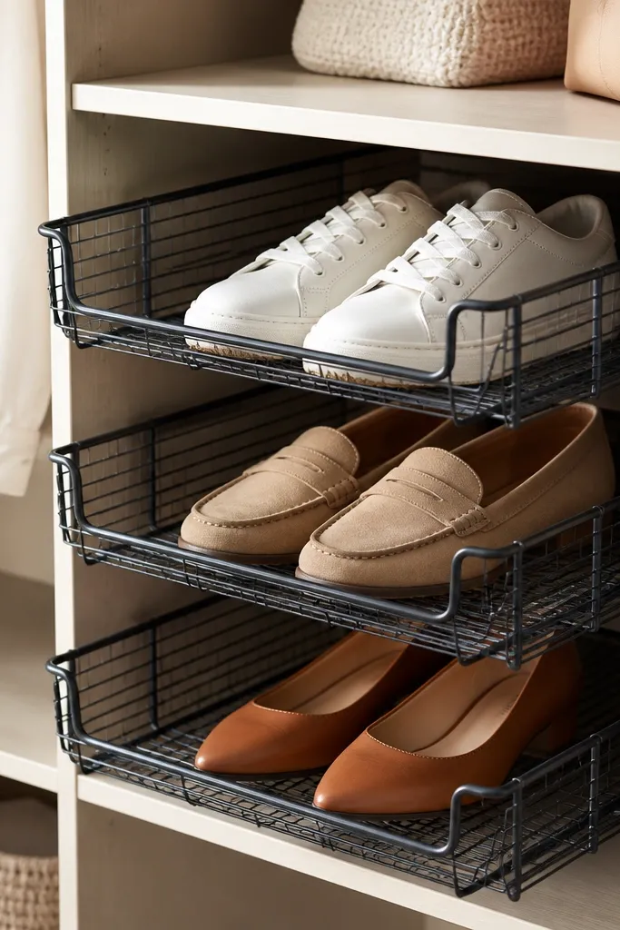 A closet shelf with three stacked wire drawer-style inserts; each insert holds one pair of shoes and has open sides for airflow.