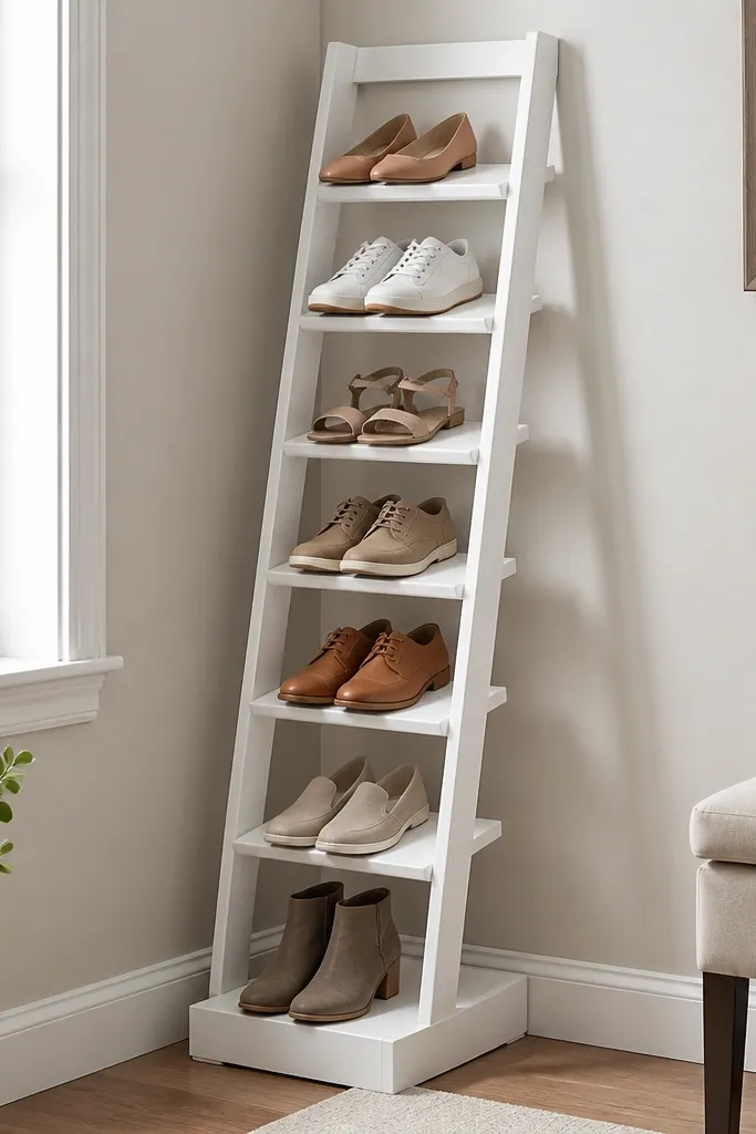 A white wooden ladder shelf tucked into a corner; several narrow rungs hold shoes in pairs, with the rungs angled slightly and a small base platform at the bottom.