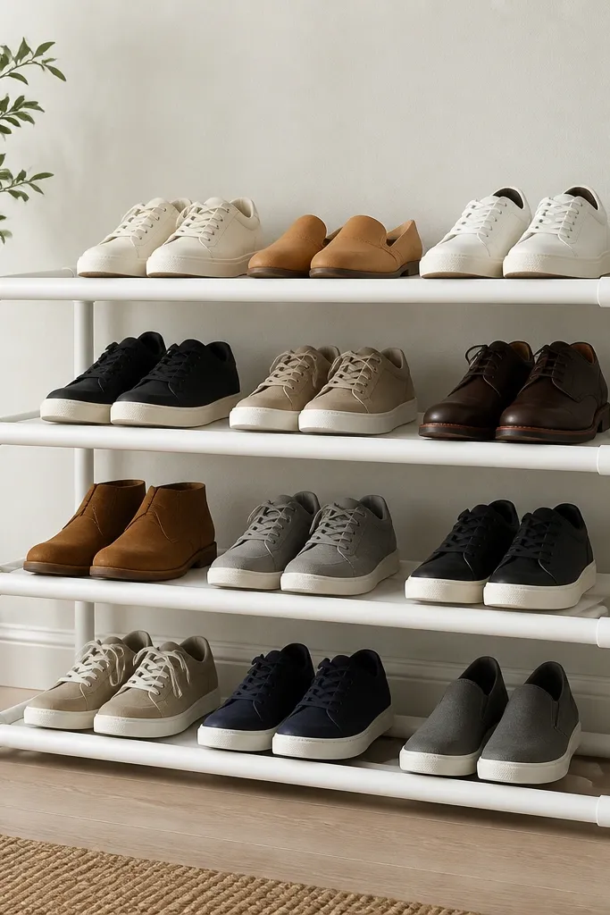 A minimalist shoe rack made from white PVC pipes with end caps; shoes sit on the pipe crossbars in a neat grid.