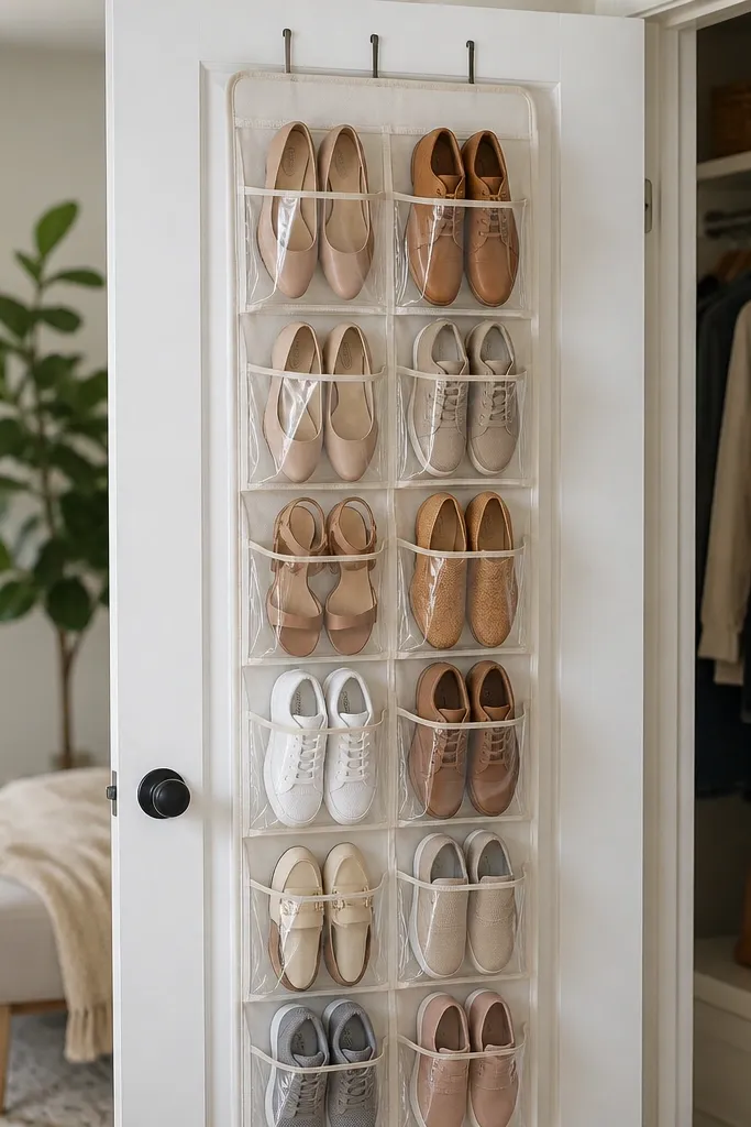 A hanging organizer on a closet door with clear pockets; each pocket has a thin rigid board insert, keeping the pockets open and shoes visible.