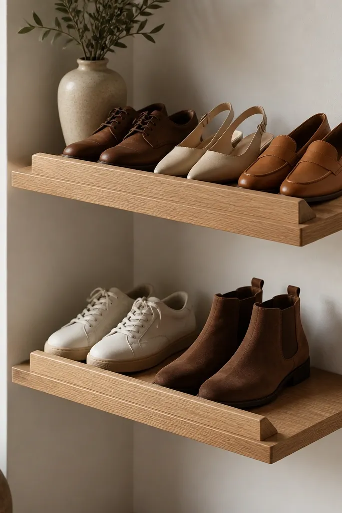 Two floating corner shelves with small angled toe-stop blocks at the front edges; shoes sit with toes aligned to the stops.