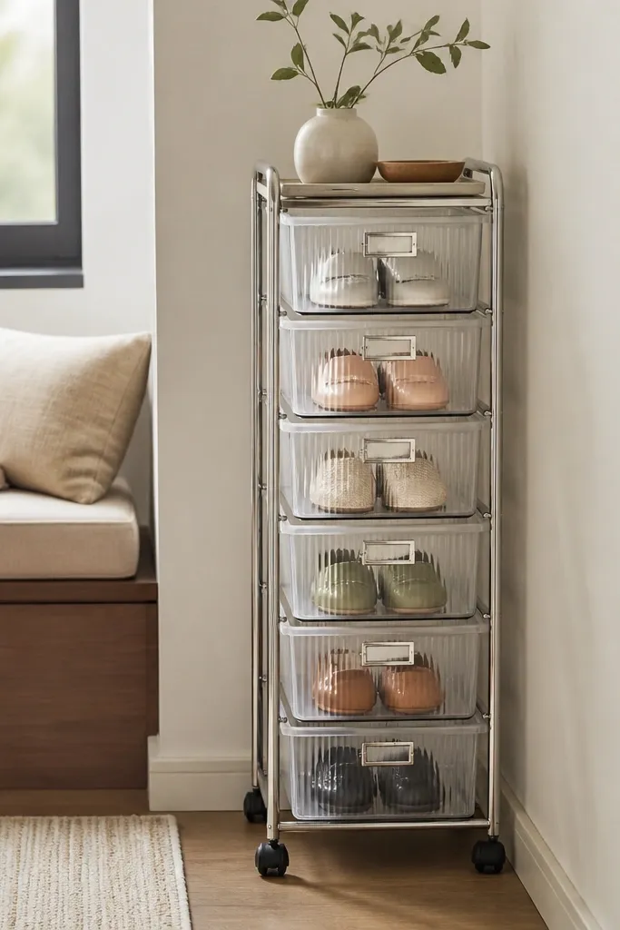 A narrow rolling cart next to a wall; each drawer has a label and holds a single pair, with the cart staying within a small footprint.